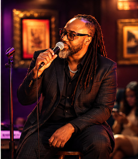 Jermaine singing into a microphone during a live performance